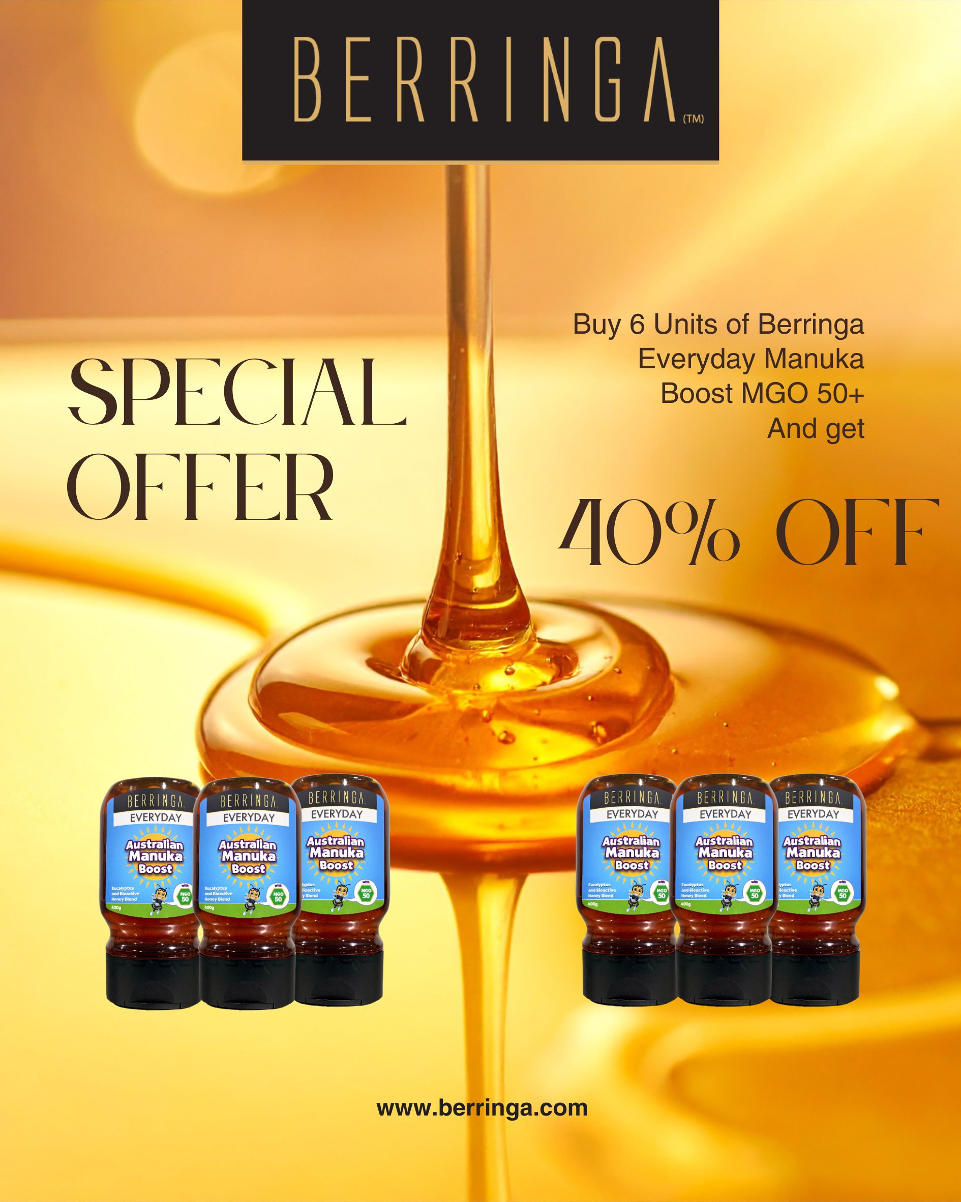 Berringa Everyday Australian Manuka Boost with 50+ MGO 400gm (6 pack bundle)